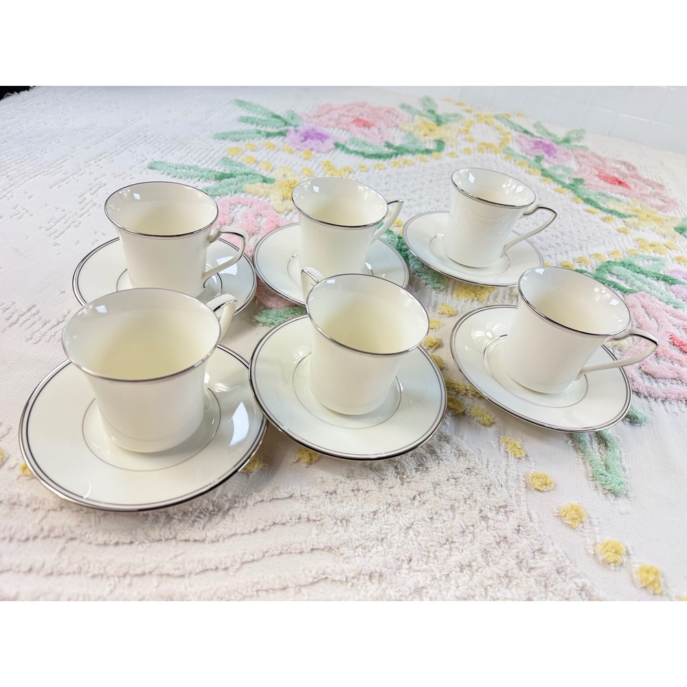 Noritake Platinum Traditions 2000 Tea Cup and Saucer Set of 6 White Silver 7808
